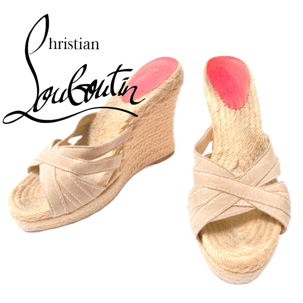 Christian Louboutin Beige Suede Espadrille Wedge Sandals